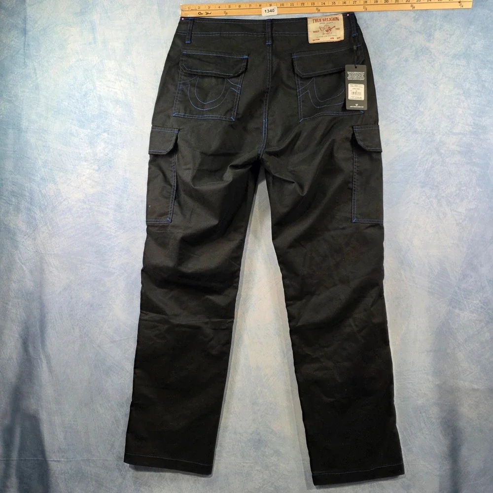 True Religion Mens Cargo Pants Jet Black‎ Pacific Blue Stitch 108335 Size 32 NWT